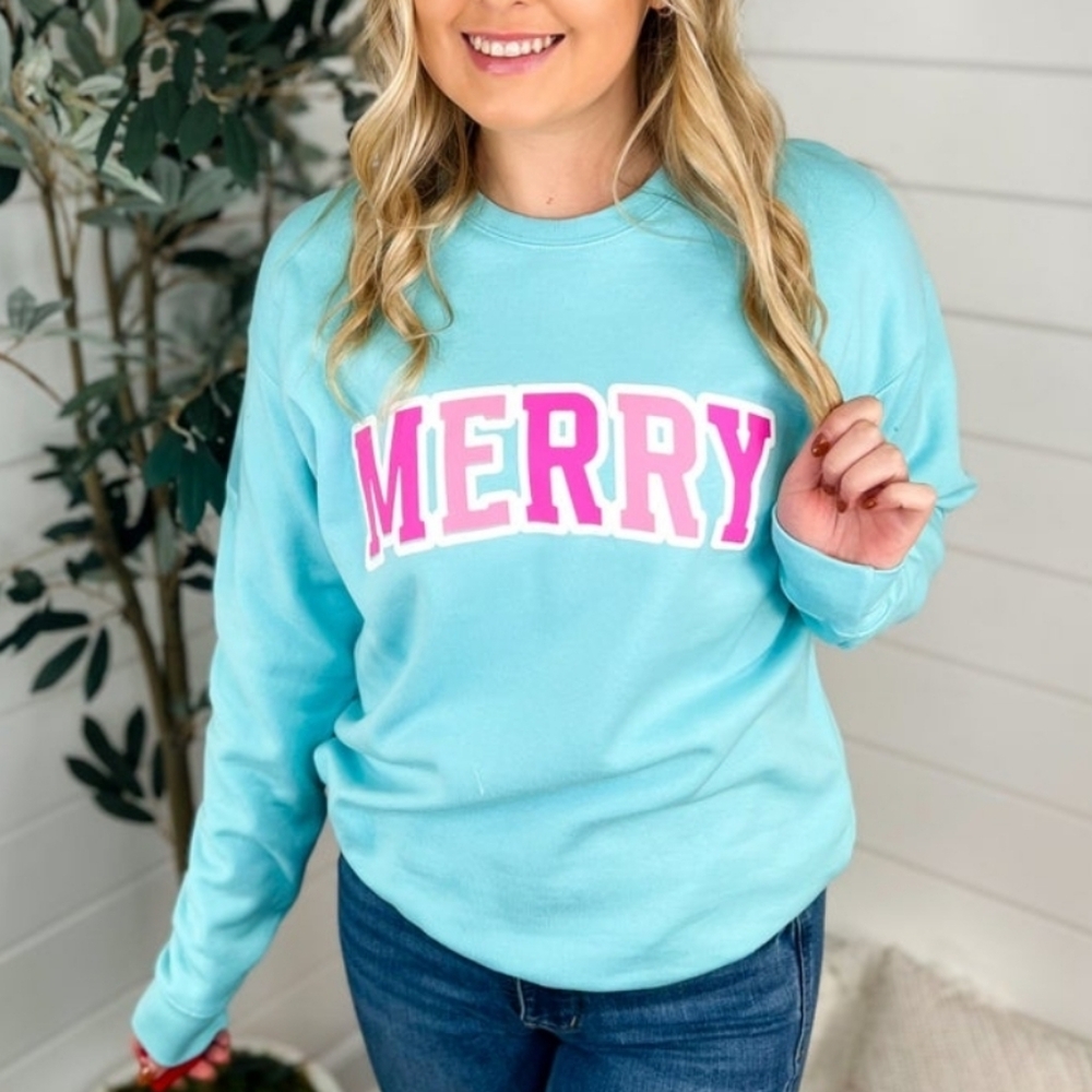 Southern Bliss Merry Blue Pink Graphic Ctewneck Sweatshirt